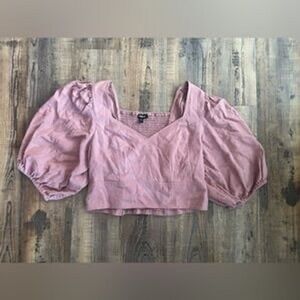 Express XS Crop Top‎ Square Neck Smocked Pink Puff Balloon Sleeve Blouse
